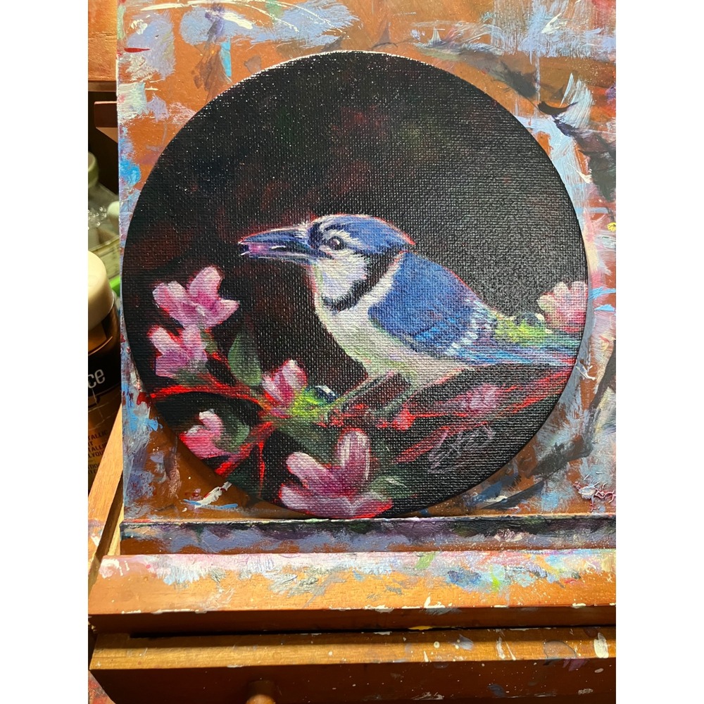Original Blue Jay painting Friends Round Acrylic Bird Floral 2026 Artettina USA